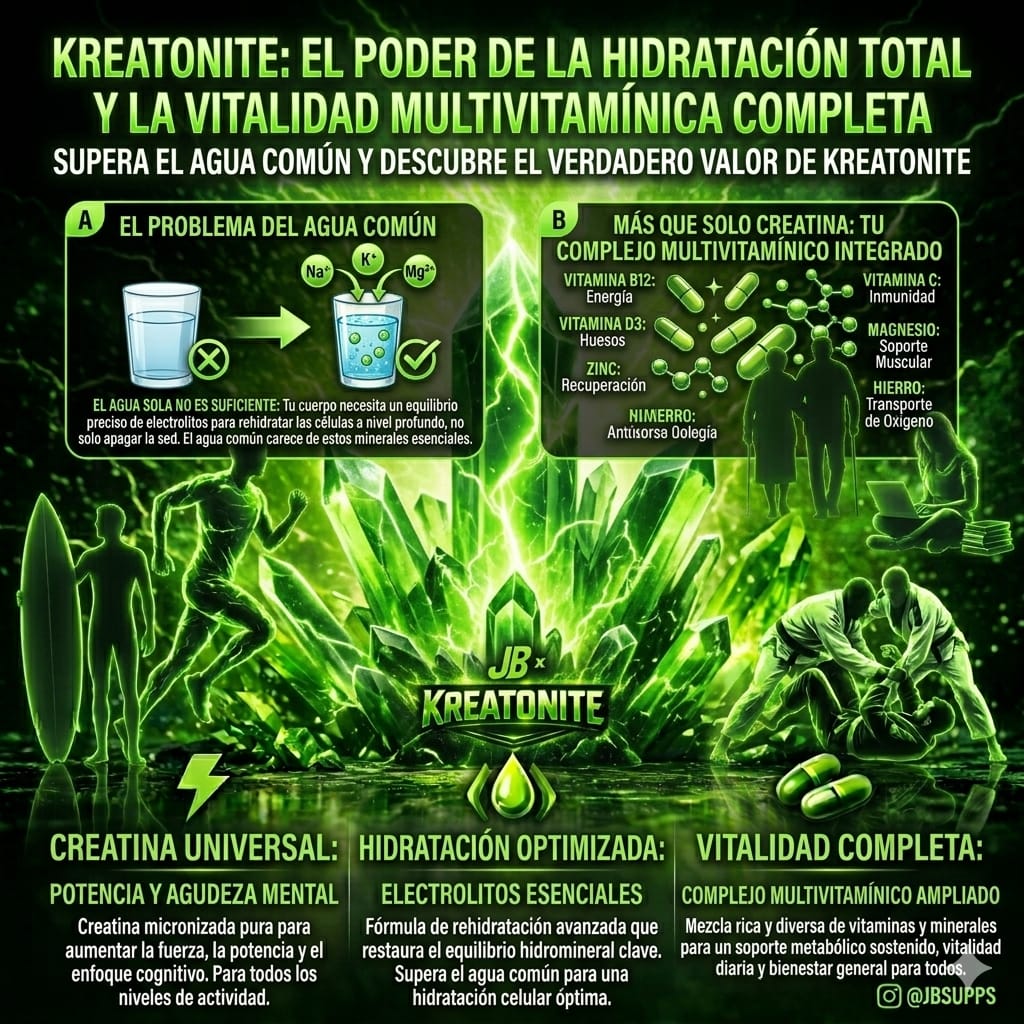 Infografía KREATONITE: el poder de la hidratación total y la vitalidad multivitamínica completa