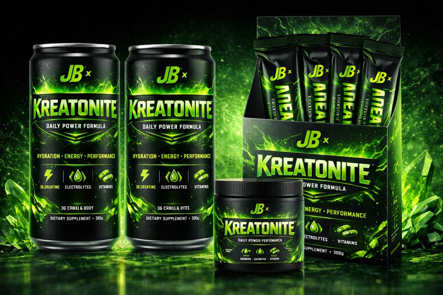 Gama completa KREATONITE: tarro de polvo, latas ready-to-drink y sachets on-the-go